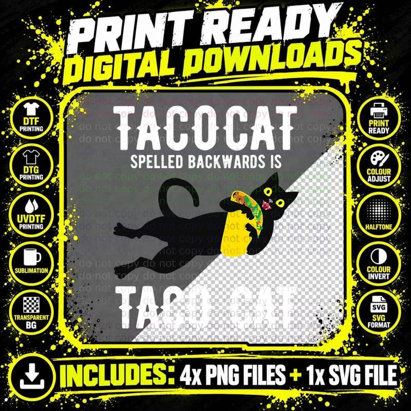 Taco Tuesday Black Cat Funny Spelled Backwards Tacocat Png SVG Digital Bundle