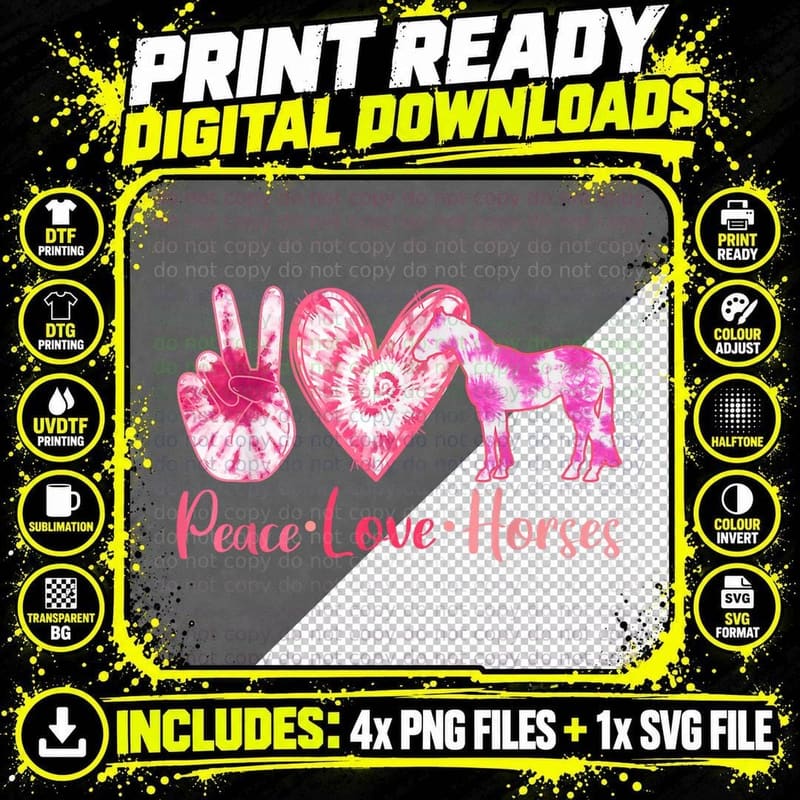 Tie Dye Peace Love Horses Riding Horse Lover Girl Women Png SVG Digital Bundle
