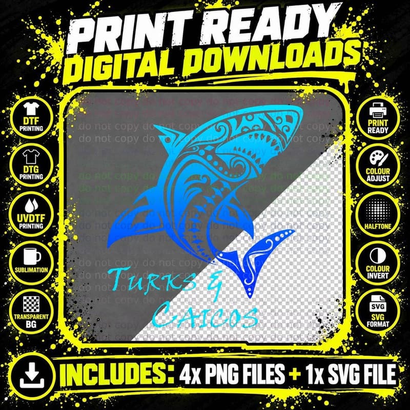 Turks & Caicos Tribal Shark Polynesian Tattoo Style Png SVG Digital Bundle