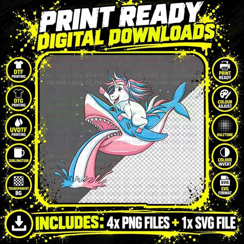 Unicorn Riding Trans Pride Shark Transgender T-Shirt Png SVG Digital Bundle