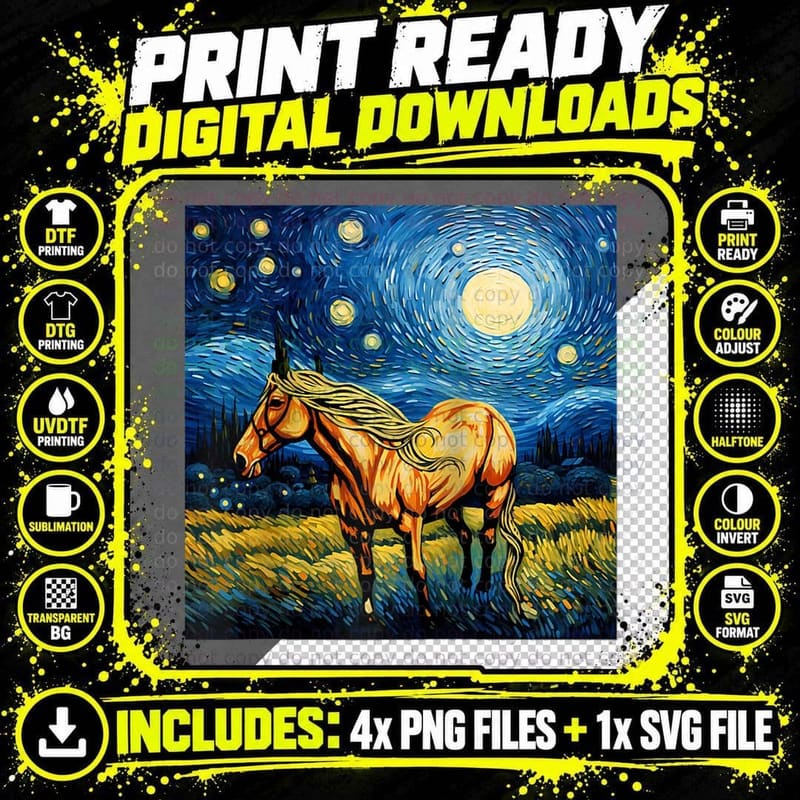 Van Gogh Starry Night Loves Horses Horse Women Girls Png SVG Digital Bundle
