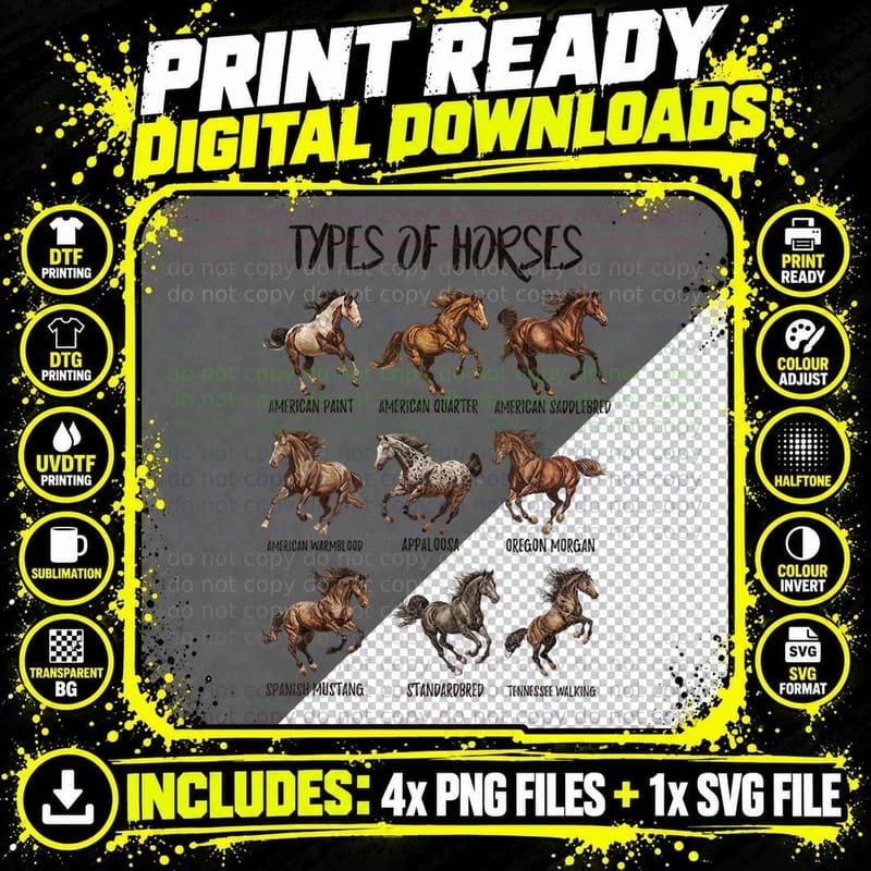 Vintage Retro Types of Horses, Horse Breed Png SVG Digital Bundle