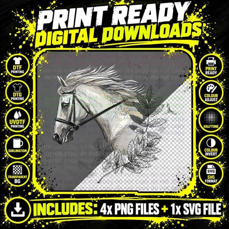 White Horse for Horses Lovers Floral Art Mens T-Shirt Png SVG Digital Bundle