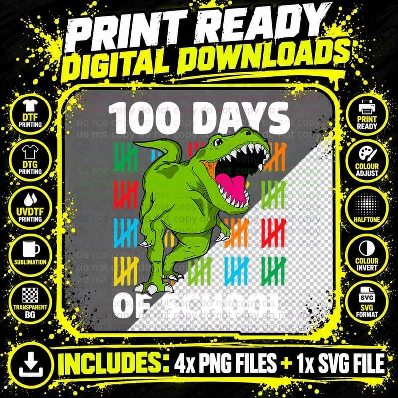 100th Day of School Dino Kids Happy 100 Days Dinosaur Png SVG Digital Bundle