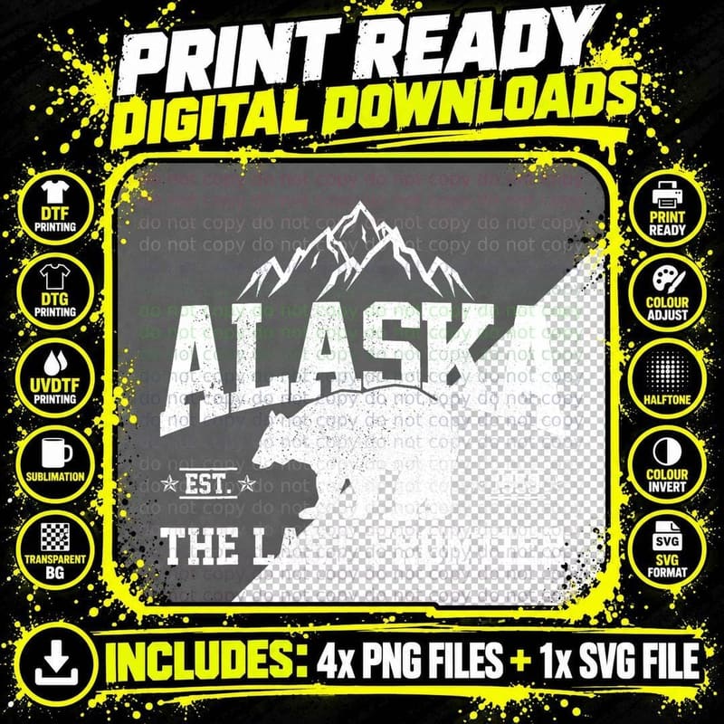 Alaska the Last Frontier EST 1959 Grizzly Bear Mountains Png SVG Digital Bundle