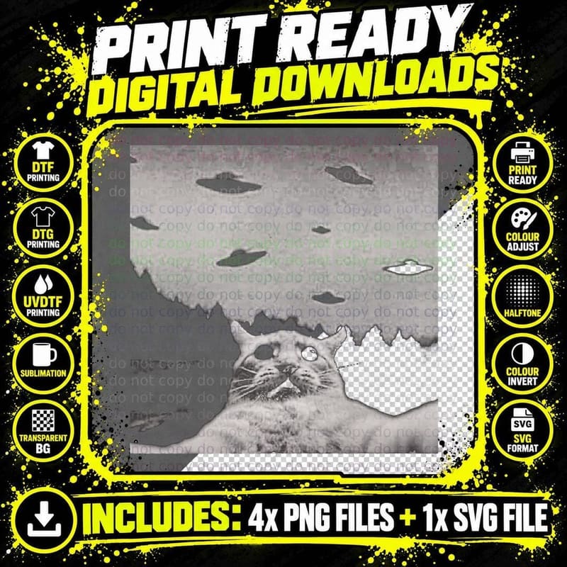 Alien UFO Funny Cat T-Shirt Png SVG Digital Bundle