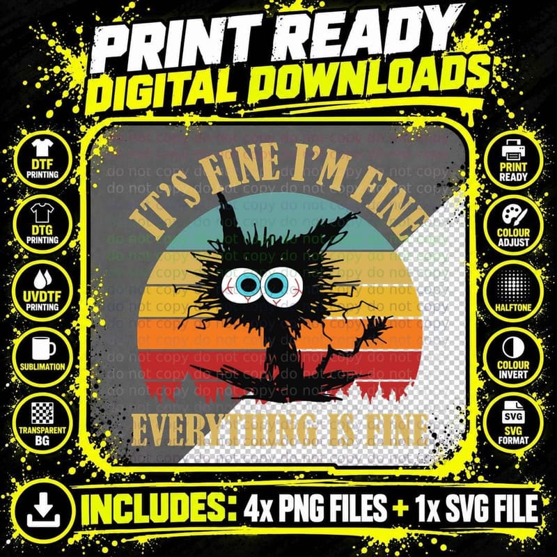 Black Cat Vintage Its Fine I'm Fine Everything Is Fine Png SVG Digital Bundle