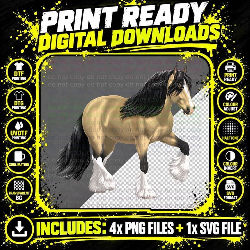 Buckskin Dun Gypsy Vanner Irish Cob Draft Horse T-Shirt Png SVG Digital Bundle