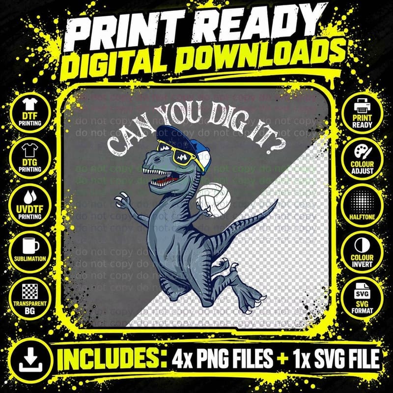 Can You Dig It Vintage Distressed Dinosaur Volleyball Png SVG Digital Bundle