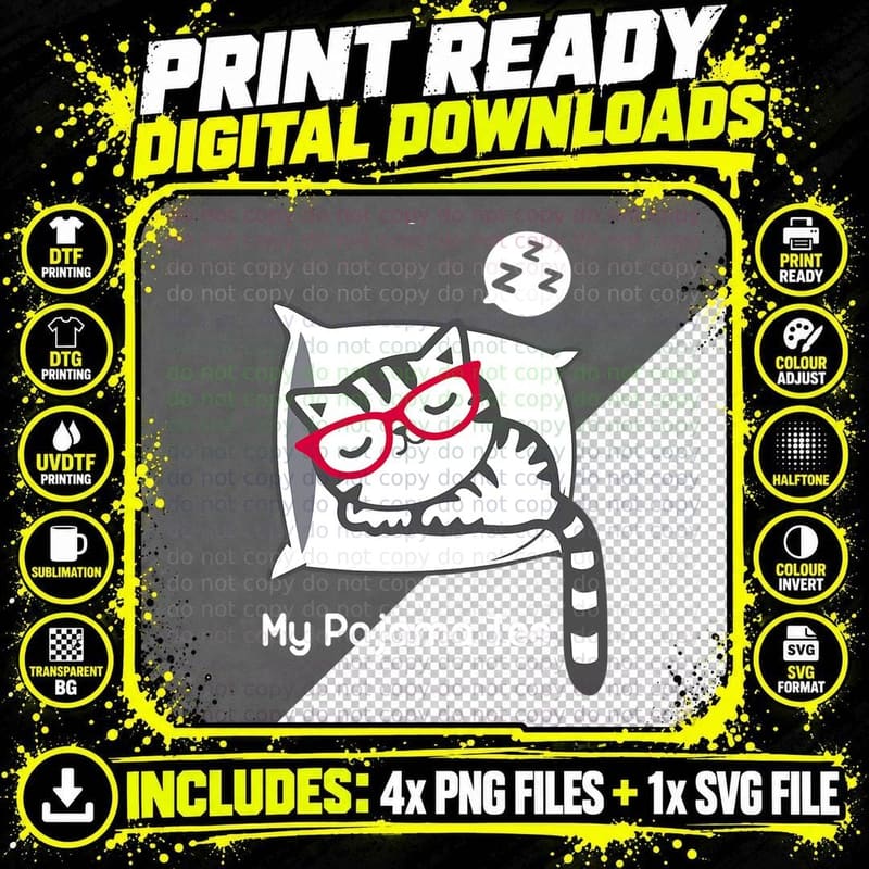 Cat Pajama Shirt Cute Sleeping Kitty with Glasses Pj T Png SVG Digital Bundle