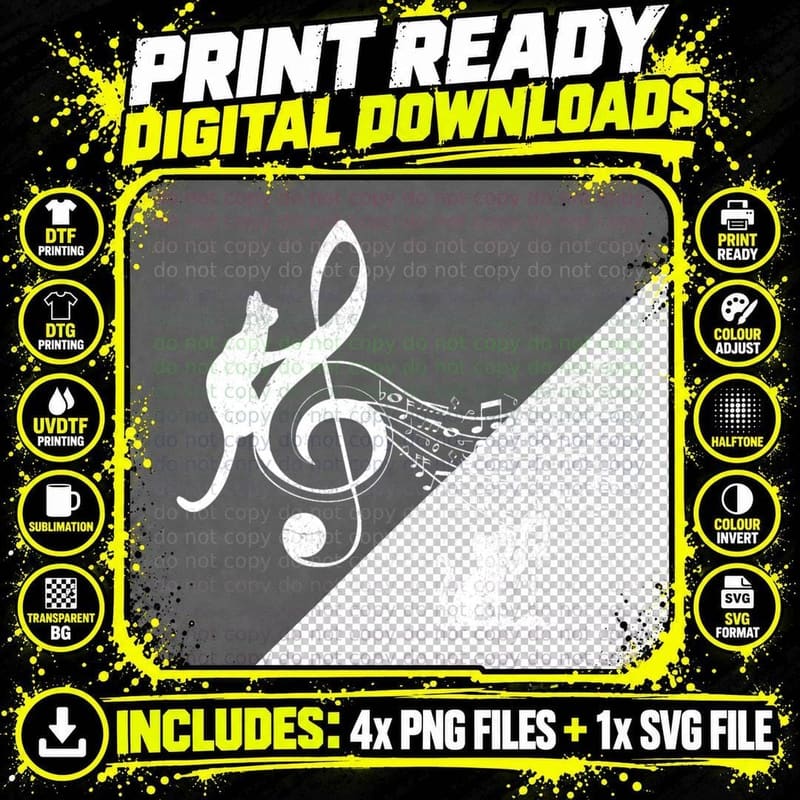 Cat Playing with Music Notes T-Shirt Png SVG Digital Bundle