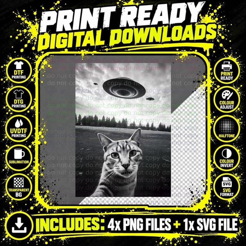 Cat Ufo Selfie Alien Ufo Funny Cat Photo With Ufos Png SVG Digital Bundle