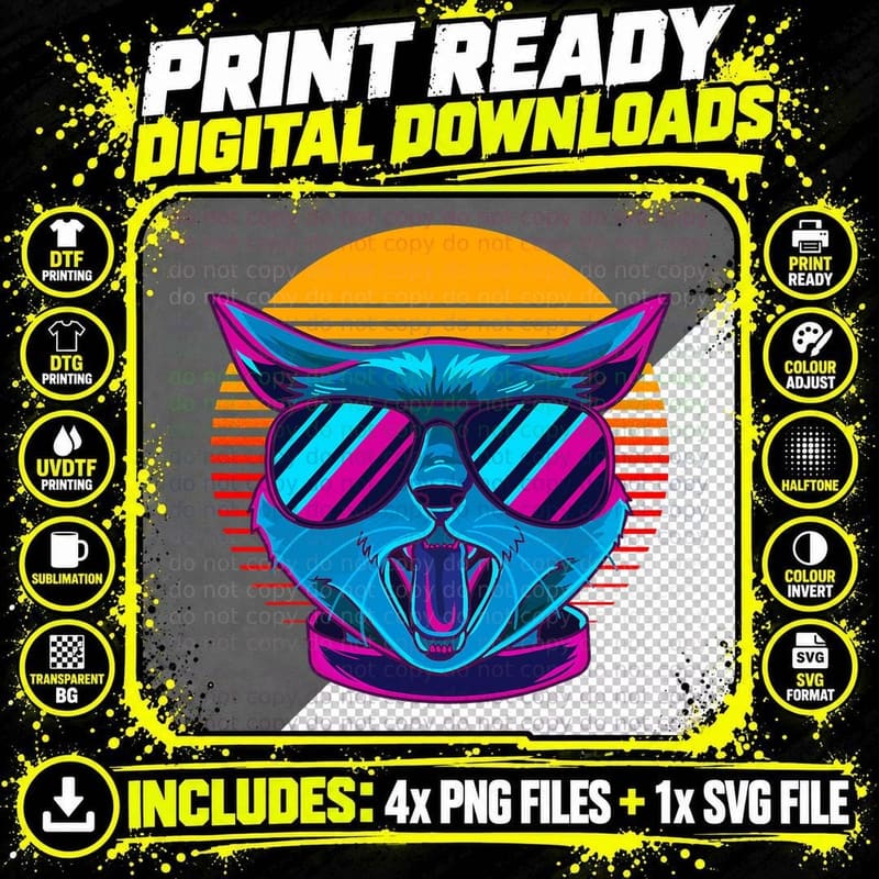 Cat W. Sunglasses Retro Vaporwave Aesthetic Art Graphic Png SVG Digital Bundle