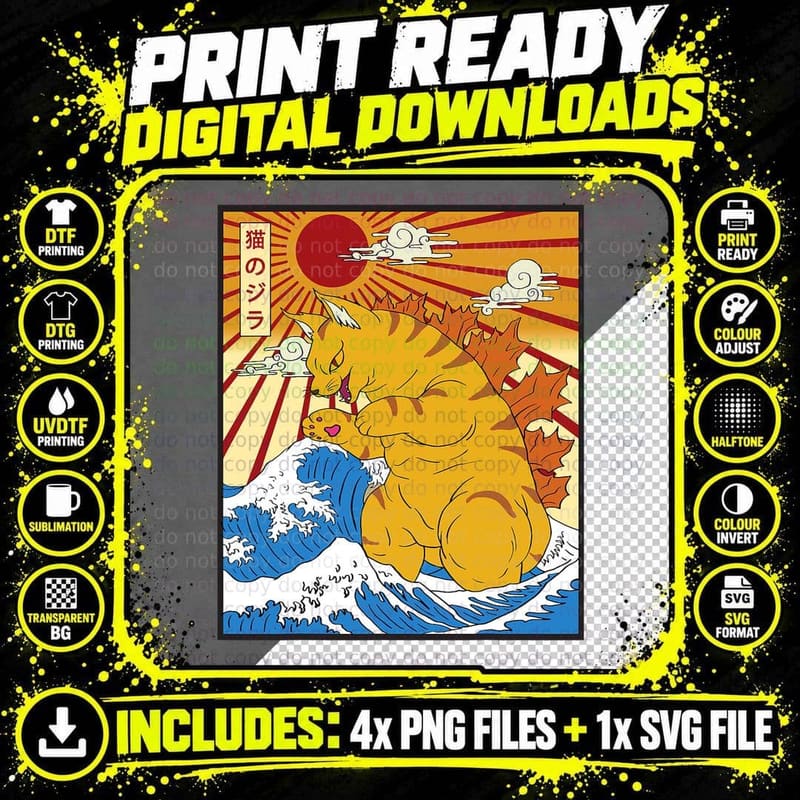 Catzilla Vintage Funny Cute Cat Art Japanese Sunset Png SVG Digital Bundle