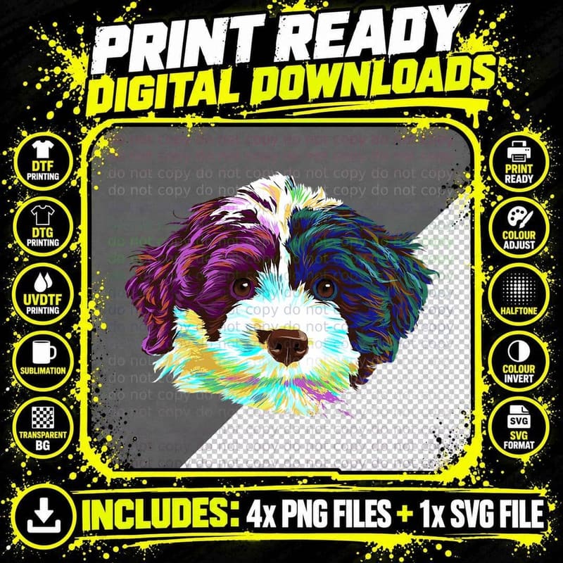Colourful Splash Portuguese Water Dog T-Shirt Png SVG Digital Bundle