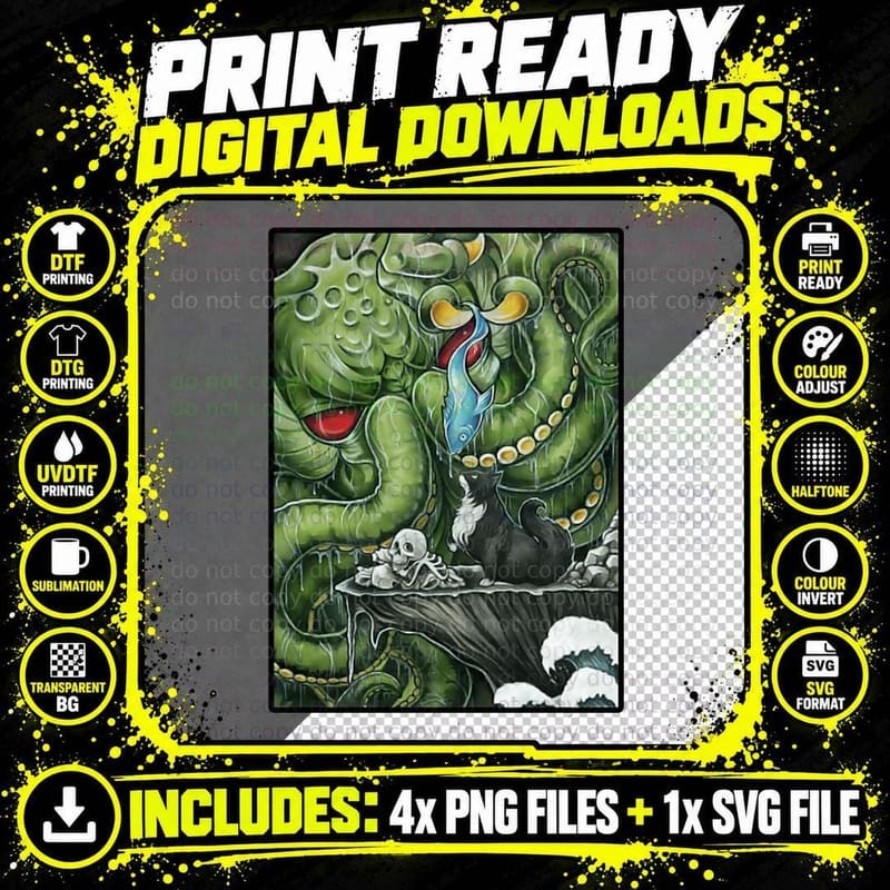 Cthulhu Feeding Cat - Cat T-Shirt Png SVG Digital Bundle