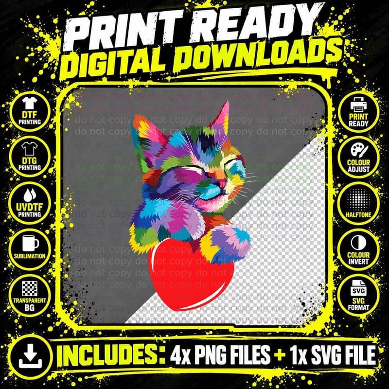 Cute Cat Gift for Kitten Lovers Colorful Art Kitty Png SVG Digital Bundle
