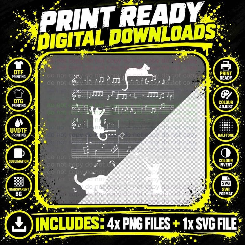 Cute Cat Kitty Playing Music Note Clef Musician Art Png SVG Digital Bundle