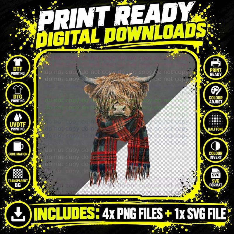 Cute Highland Cow Wearing Buffalo Plaid Scarf Farming Png SVG Digital Bundle