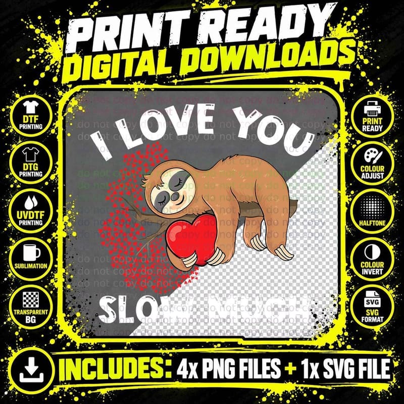 Cute Lazy Sloth Holding Heart Love Sloth Valentines Day Png SVG Digital Bundle