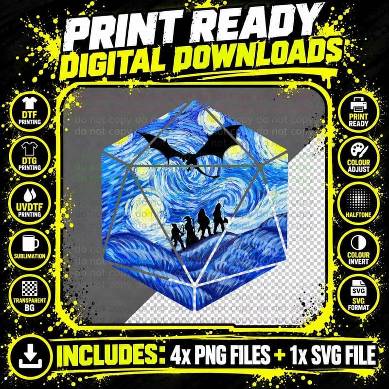 D20 Dragon Tshirt, Starry Night D20 Tee Png SVG Digital Bundle