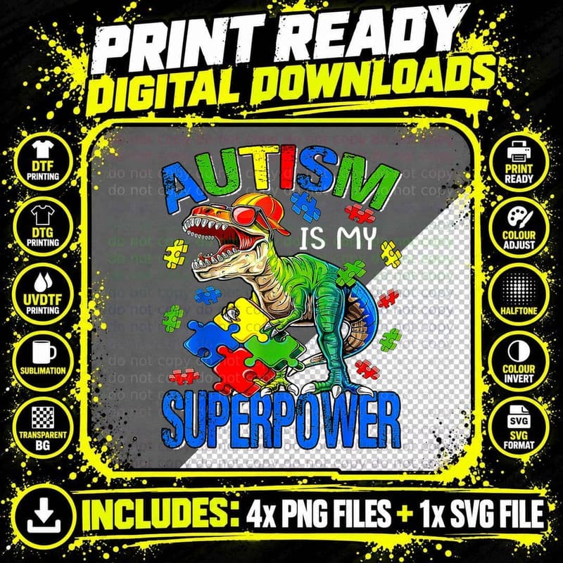 Dinosaur Boys Kids Autism Is My Superpower Autism Png SVG Digital Bundle