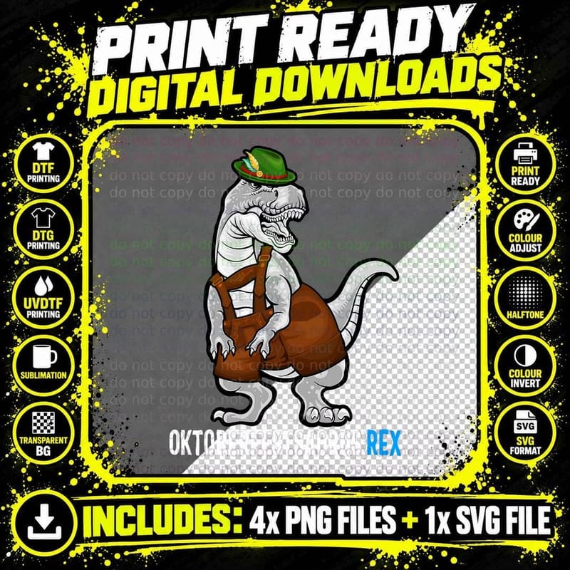 Dinosaur Lederhosen Oktoberfest Costume Funny T-Rex Png SVG Digital Bundle