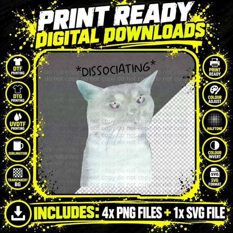 Dissociating, Zoning Out Black Cat Meme T-Shirt Png SVG Digital Bundle