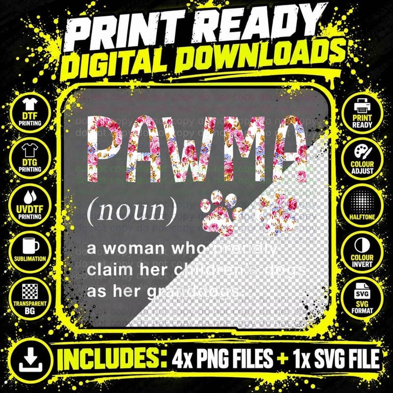 Floral Art Pawma Noun Definition Mama Grandma Dog Lovers Png SVG Digital Bundle