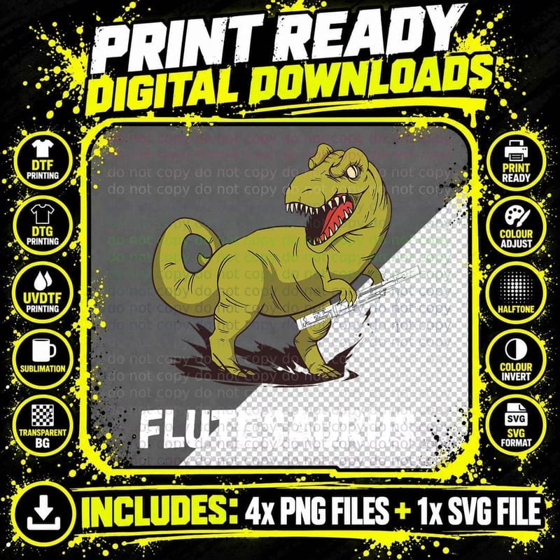 Flute Dinosaur T-Rex Music Instrument Flutist Flute Png SVG Digital Bundle