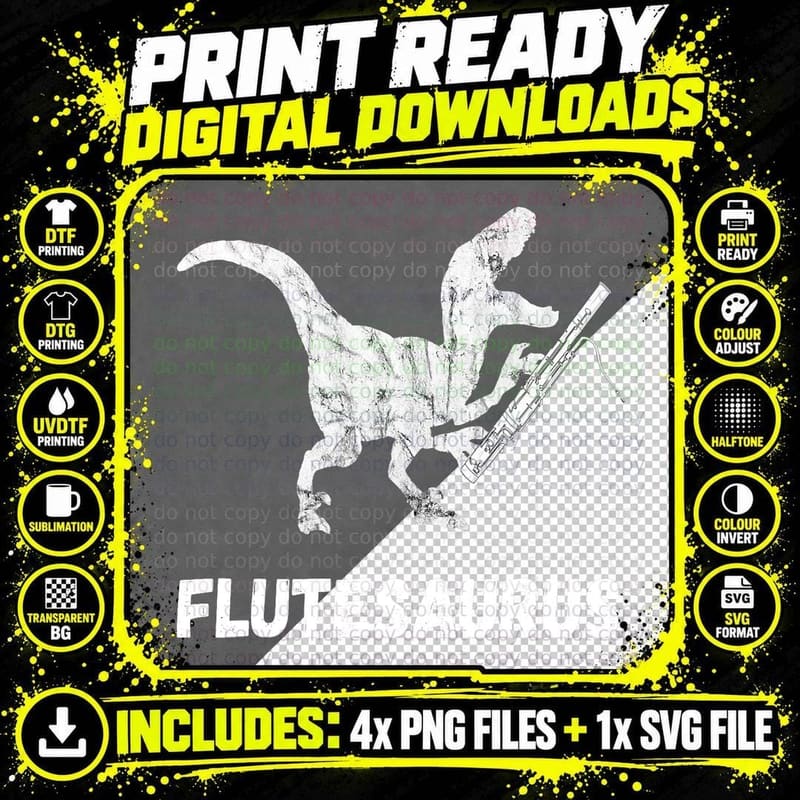 Flute Flutist Dinosaur Flute Player Music Instrument Png SVG Digital Bundle