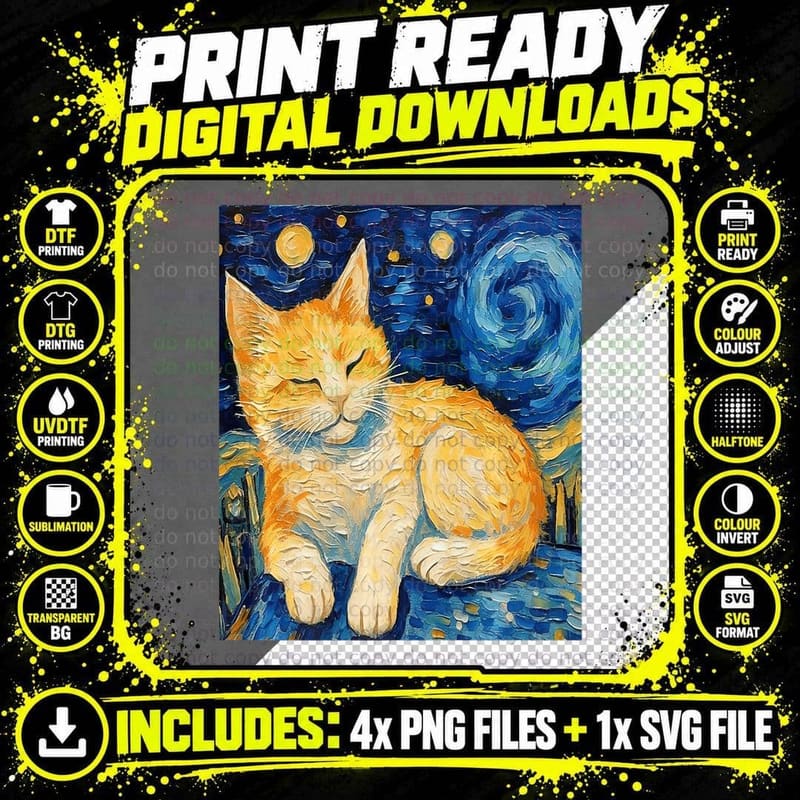 Funny Cat Art Painting Cat Lover Starry Night Cat Van Png SVG Digital Bundle