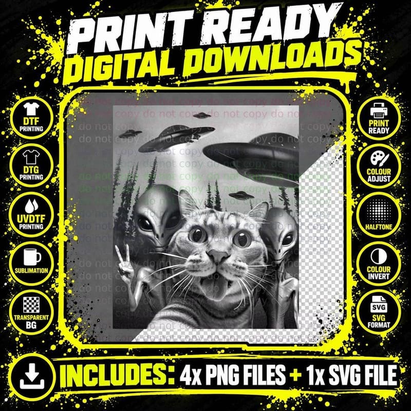 Funny Cat Photo With Ufos Peace Sign Alien Cat UFO Png SVG Digital Bundle