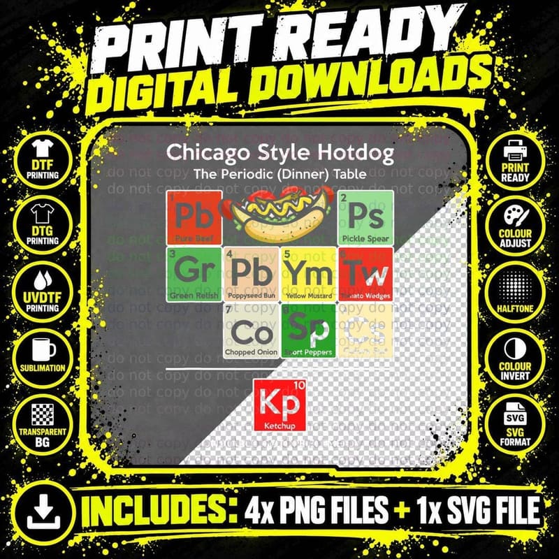 Funny Chicago Style Hot Dog Periodic Dinner Table of Png SVG Digital Bundle