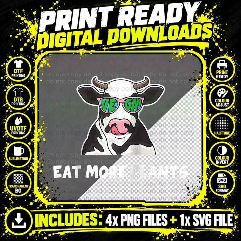 Funny Cow Wears Glasses Says Eat More Plants for Png SVG Digital Bundle
