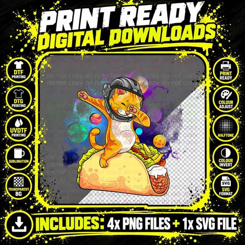 Funny Dabbing Cat Astronaut in Space Riding Taco T-Shirt Png SVG Digital Bundle