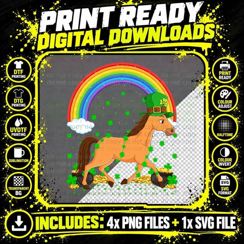 Funny Shamrock Vintage Rainbow Horse St. Patrick's Day Png SVG Digital Bundle
