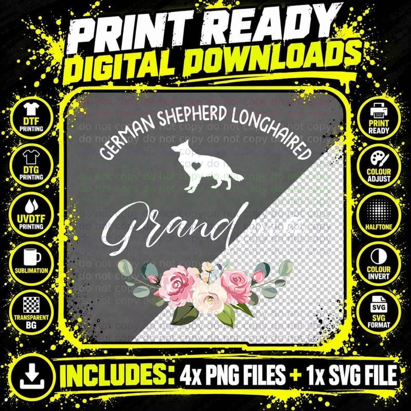 German Shepherd Longhaired Dog Grandma Floral Mother's Png SVG Digital Bundle