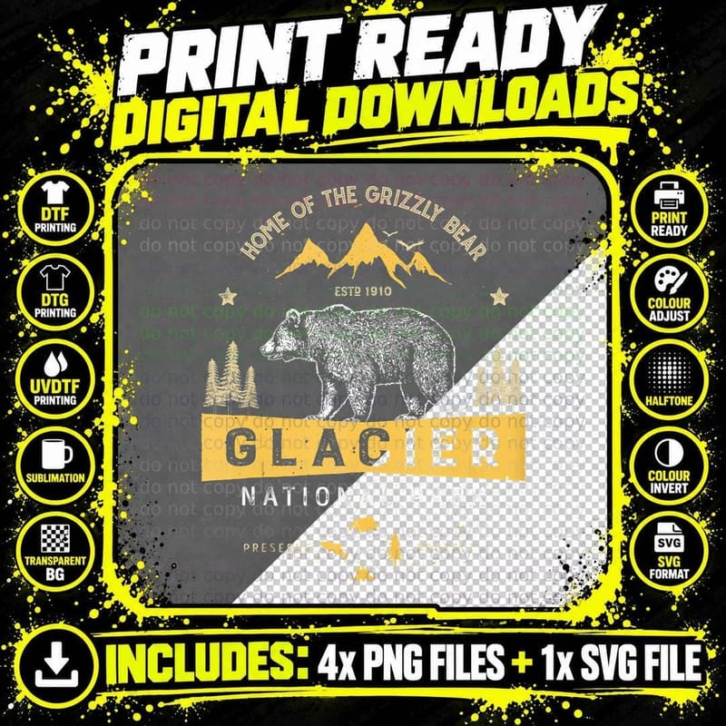 Glacier National Park Vintage Montana Bear Men Women Png SVG Digital Bundle