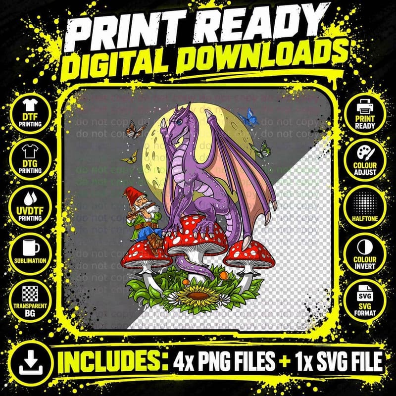 Gnome Hippie Forest Mushrooms Dragon Fantasy Nature Png SVG Digital Bundle