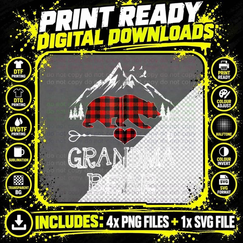 Grandma Bear, Red Buffalo Plaid Grandma Bear Pajama Zip Png SVG Digital Bundle