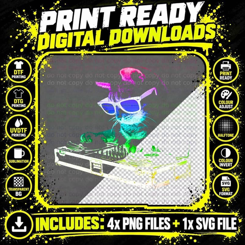 HOUSE CAT (Rainbow DJ Cat Kitty) T-Shirt Png SVG Digital Bundle