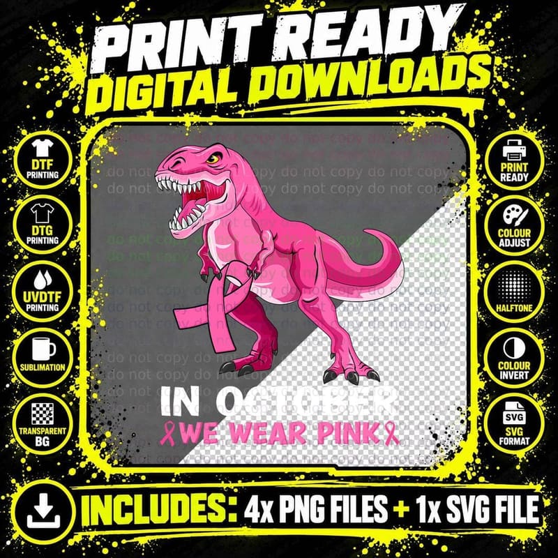 In October We Wear Pink Breast Cancer Dinosaur Kids Boys Png SVG Digital Bundle