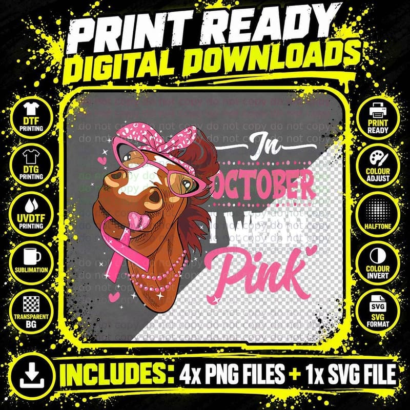 In October We Wear Pink Cute Cow Breast Cancer Awareness Png SVG Digital Bundle