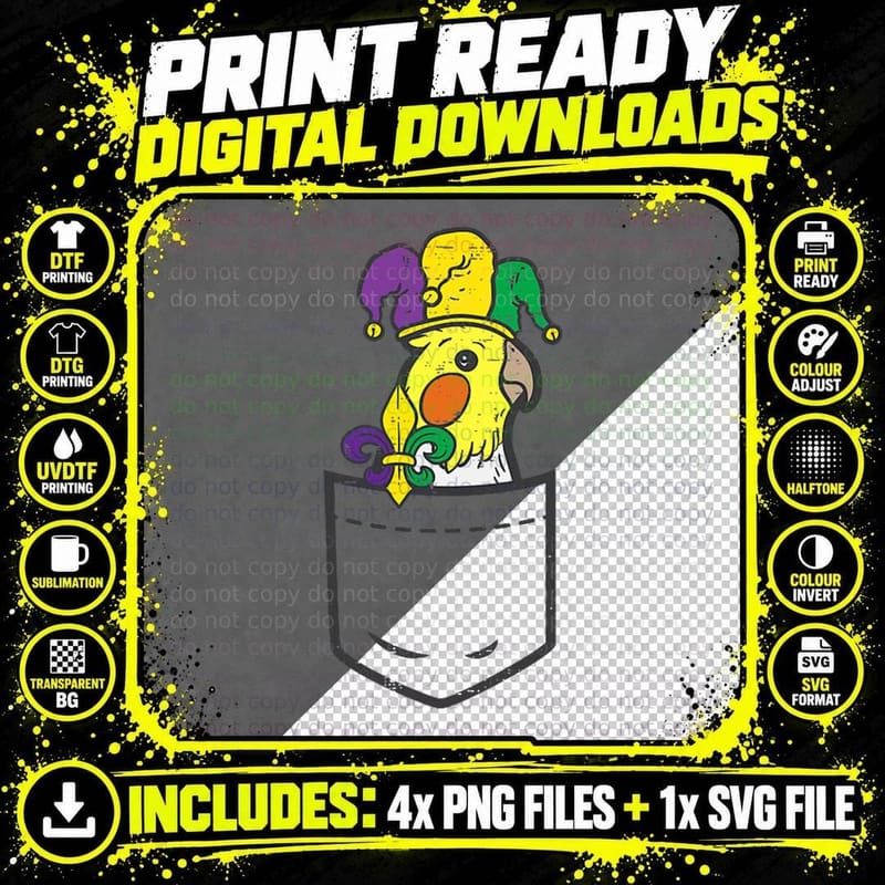 Jester Cockatiel Pocket Cute Mardi Gras Bird T-Shirt Png SVG Digital Bundle