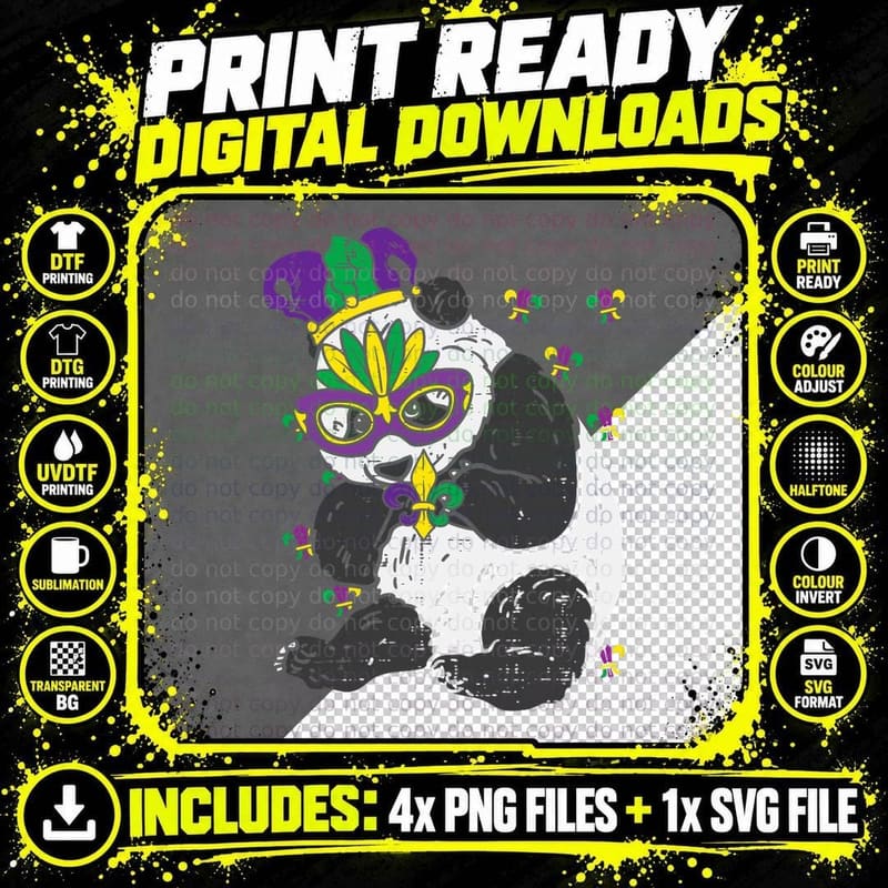Jester Panda Mardi Gras Mask New Orleans Bear Men Women Png SVG Digital Bundle