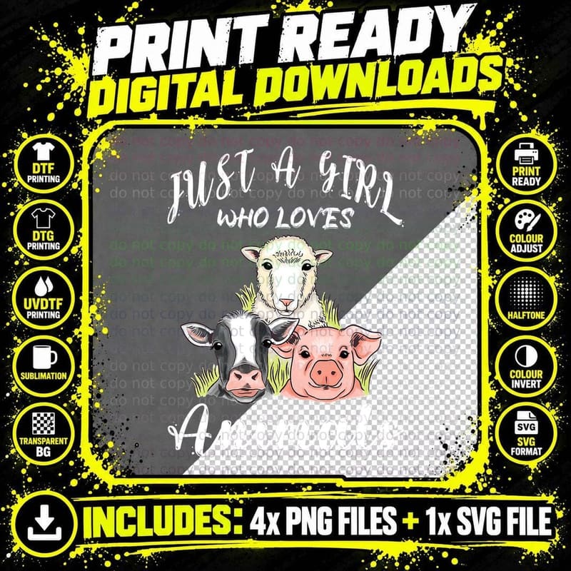 Just a Girl Who Loves Animals Farm Cow Sheep Pig Png SVG Digital Bundle