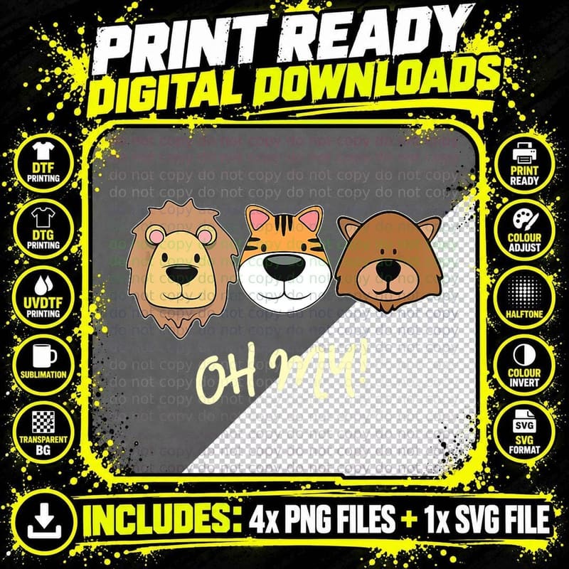 Lion Tiger and Bear Oh My Fun Jungle Zoo Animal Lover Png SVG Digital Bundle