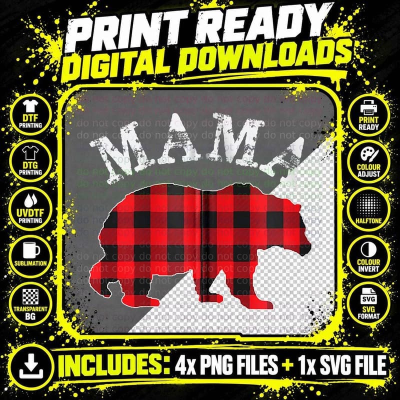 MAMA Bear RED Black Buffalo Plaid Mom Checkerboard Png SVG Digital Bundle