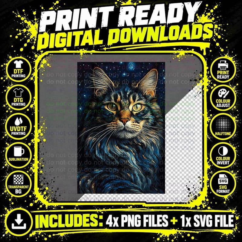 Maine Coon Cat Painting Kitten Van Gogh Art Starry Night Png SVG Digital Bundle
